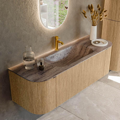 MONDIAZ KURVE-DLUX Meuble de salle de bains 140cm arrondi Gauche + Droite couleur Chêne avec 1 tiroir et 2 portes. Lavabo BIG SMALL Central 1 trou de robinet Oza.