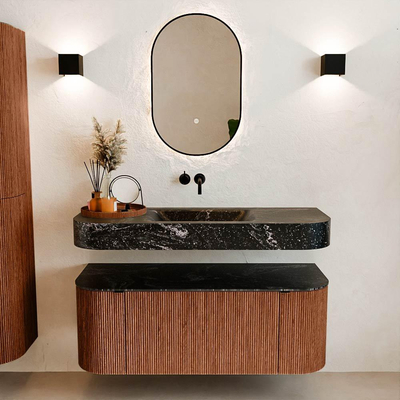 MONDIAZ THOR-DLUX 120cm badmeubel ronding links + rechts kleur Ruby met 1 lade en 2 deuren. Vrijhangende wastafel CLOUD Midden zonder kraangat kleur Lava.