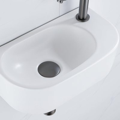 Fugaflow Efficiente Pietra Fonteinset - 40x21.5x12cm - rechts - glad - halfrond - 1 kraangat - keramiek - fonteinkraan gunmetal - afvoerplug - verlaagd sifon - wit mat