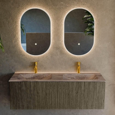 MONDIAZ KURVE-DLUX Meuble de salle de bains 130cm couleur Shadow avec 2 tiroirs et 0 portes. Lavabo LEAF Double 2 trous de robinet Oza.