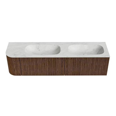 MONDIAZ KURVE-DLUX 175cm Meuble salle de bain avec module 25 G - couleur Walnut - 2 tiroirs - 1 porte - vasque STOR SMALL double / droite - 2 trous de robinet - couleur Opalo