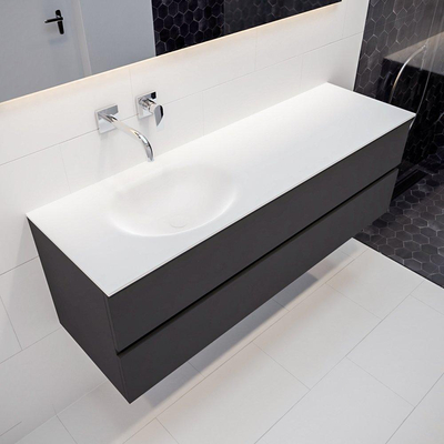 Mondiaz VICA ensemble de meuble de salle de bain - 150cm - meuble sous-vasque gris foncé 2 tiroirs - lavabo lune gauche - sans trous de robinet - miroir LED - version XL 60cm de haut