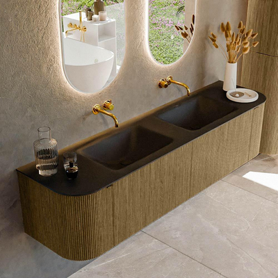 Ensemble de meuble salle de bain Mondiaz KURVE - 180x46x40cm - 2 tiroirs - 2 portes - lavabo en solid surface - double - sans trou de robinet - Dusk