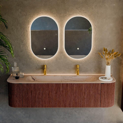 MONDIAZ KURVE-DLUX Meuble de salle de bains 170cm arrondi gauche + droite couleur Ruby avec 1 tiroir et 2 portes. Lavabo BIG LARGE central 2 trous de robinet Arena.