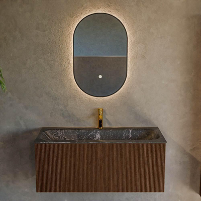MONDIAZ KURVE-DLUX Meuble de salle de bains 100 cm couleur Walnut avec 1 tiroir. Lavabo BIG MEDIUM centré 1 trou de robinet couleur Lava.