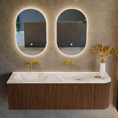 MONDIAZ KURVE-DLUX meuble de salle de bains 145cm avec module 25 R couleur noyer avec 1 tiroir et 1 porte. Lavabo LEAF double / gauche sans trou de robinet couleur Glace.