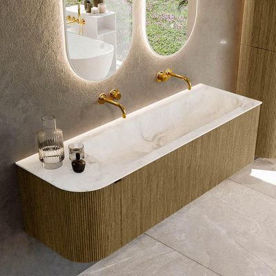 Ensemble de meuble de salle de bain Mondiaz KURVE-DLUX - 145x46x40cm - 1 tiroir - 1 porte - lavabo en solid surface - droite - sans trou de robinet - Dusk