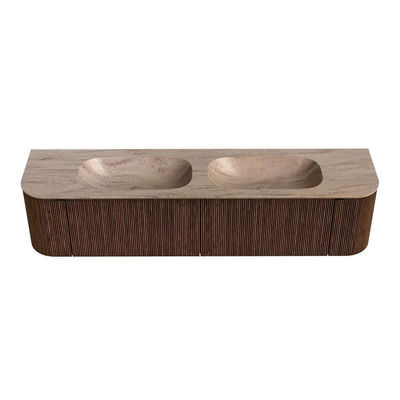 MONDIAZ KURVE-DLUX 190cm badmeubel ronding Links + Rechts kleur Walnut met 2 lades en 2 deuren. Wastafel STOR SMALL Dubbel 2 kraangaten Saba.