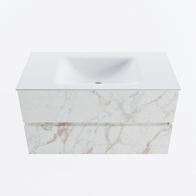 Mondiaz VICA Ensemble de meuble de salle de bain - 90cm - meuble sous-vasque carrara - 2 tiroirs - lavabo cloud milieu - sans trous de robinet - version haute de 60cm - talc