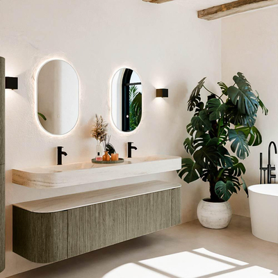 MONDIAZ THOR-DLUX 180cm meuble de salle de bains arrondi gauche + droite couleur Shadow avec 2 tiroirs et 2 portes. Vasque suspendue CLOUD Double 2 trous de robinet couleur Meli.