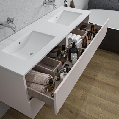 Saniclass Chaci Ensemble meuble de salle de bains - 140x45x55cm - lavabo en céramique blanc brillant - 2 vasques - sans trous de robinetterie - 4 tiroirs - cotton mat (beige)