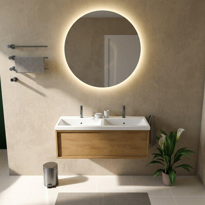Saniclass Holz Frame Ensemble de meubles de salle de bains - 120x45x43.5cm - lavabo en céramique Bari blanc - 2 vasques - 2 trous de robinetterie - 1 tiroir - chêne natural mat (bois)