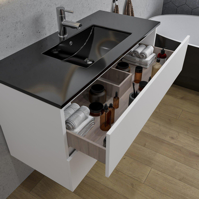Adema Chaci Ensemble de meuble - 100x46x57cm - 1 vasque en céramique noire - 1 trou de robinet - 2 tiroirs - armoire de toilette - blanc mat