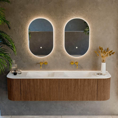 MONDIAZ KURVE-DLUX 180cm Meuble salle de bain avec module 25 G et D - couleur Walnut - 2 tiroirs - 2 portes - vasque LEAF double - sans trou de robinet - couleur Opalo