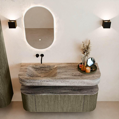 MONDIAZ THOR-DLUX Meuble de salle de bains 130cm arrondi gauche + droite couleur Shadow avec 1 tiroir et 2 portes. Vasque suspendue CLOUD Gauche sans trou de robinet couleur Oza.