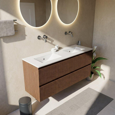 Saniclass Holz Atelier Ensemble meuble de salle de bains - 140x45x62cm - lavabo Vygo en céramique blanc - 2 vasques - sans trous de robinet - 4 tiroirs - brillant walnut pure (bois)
