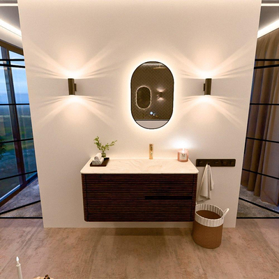 Mondiaz CIRO-DLUX Badkamermeubelset - 110x45x50cm - Solid surface wastafel Ostra - 1 wasbak Rechts - 1 kraangat - 2 lades - Walnut
