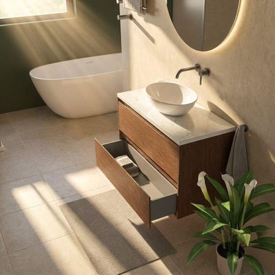 Saniclass Holz Pure Ensemble de meubles de salle de bains - 100x45x63cm - Plan vasque en marbre Dia poli (blanc) - sans trou de robinetterie - 2 tiroirs - walnut pure mat (bois)