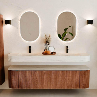 MONDIAZ THOR-DLUX Meuble de salle de bains - 180cm - arrondi gauche + droite - couleur Ruby - 2 tiroirs et 2 portes - Vasque suspendue CLOUD Double 2 trous de robinet - couleur Meli