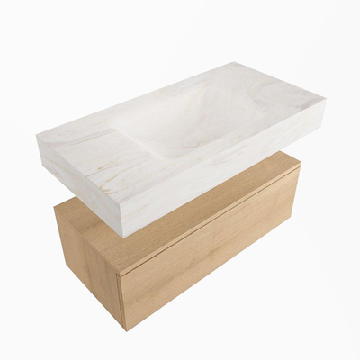 Mondiaz ALAN-DLUX Ensemble de meuble - 90cm - meuble Washed Oak mat - 1 tiroir - Lavabo Cloud Ostra suspendu - vasque Centre - 0 trous de robinet