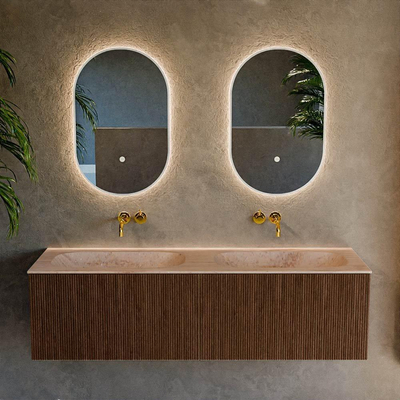 MONDIAZ KURVE-DLUX 150cm badmeubel kleur Walnut met 2 lades en 0 deuren. Wastafel STOR SMALL Dubbel zonder kraangat Saba.