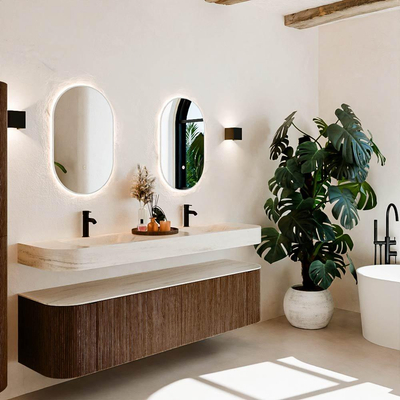 MONDIAZ THOR-DLUX Meuble de salle de bains 180cm arrondi gauche + droite couleur Walnut avec 2 tiroirs et 2 portes. Vasque suspendue CLOUD Double 2 trous de robinet couleur Meli.