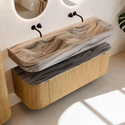 MONDIAZ THOR-DLUX 140cm badmeubel ronding links + rechts kleur Oak met 1 lade en 2 deuren. Vrijhangende wastafel CLOUD Dubbel zonder kraangat kleur Sombra.
