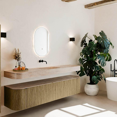 MONDIAZ THOR-DLUX Meuble de salle de bains - 200cm - arrondi gauche + droite - couleur Dusk - 2 tiroirs - 2 portes - Vasque suspendue CLOUD Milieu sans trou de robinet - couleur Saba