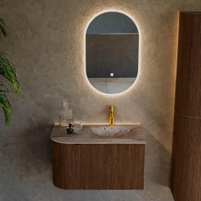 MONDIAZ KURVE-DLUX 75cm badmeubel ronding Links kleur Walnut met 1 lade en 1 deur. Wastafel GRUNNE Rechts 1 kraangat Oza.