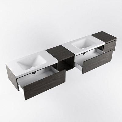 MONDIAZ BUKLA 240cm ensemble de meuble avec module ouvert 40 gauche couleur Marron Foncé avec 3 tiroirs. Lavabo CLOUD double 2 trous de robinet couleur Talc.