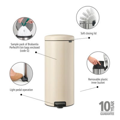 Brabantia NewIcon Pedaalemmer - 30 liter - kunststof binnenemmer - soft beige