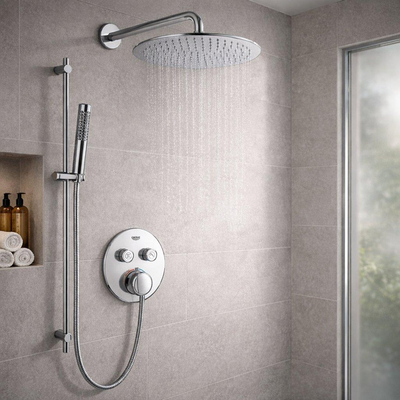 Grohe - Adema Rise Ensemble de douche pluie encastré - 2 fonctions - avec pomme de douche Adema Rise 20cm - douchette à main sur barre - bras mural - barre coulissante 90 cm - Grohe Grohtherm mitigeur thermostatique encastré - chrome