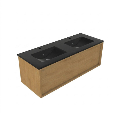 Saniclass Holz Frame Ensemble de meubles de salle de bains - 120x45x42cm - Lavabo en céramique Vygo noir - 2 vasques - 2 trous de robinetterie - 1 tiroir - chêne natural mat (bois)