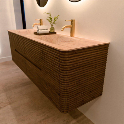 Mondiaz CIRO-DLUX Badkamermeubelset - 160x45x50cm - Solid surface wastafel Saba - 2 wasbak Dubbel - 2 kraangaten - 4 lades - Dusk