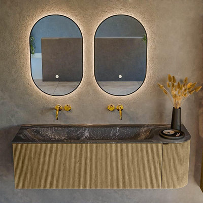Mondiaz KURVE-DLUX Ensemble de meubles de salle de bains - 145x46x40cm - 1 tiroir - 1 porte - vasque solid surface - gauche - sans trou de robinet - Dusk