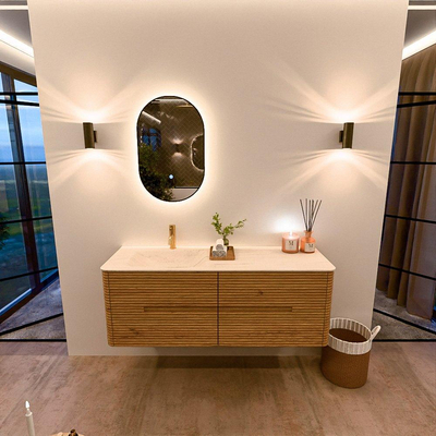 Mondiaz CIRO-DLUX Ensemble de meuble de salle de bains - 140x45x50cm - Plan-vasque solid surface Meli - 1 bassin à gauche - 1 trou de robinet - 4 tiroirs - Chêne