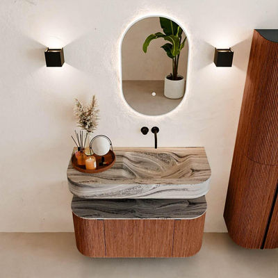 MONDIAZ THOR-DLUX 100cm meuble de salle de bains arrondi gauche + droite couleur Ruby avec 1 tiroir et 2 portes. Vasque suspendue CLOUD Droite sans trou de robinet couleur Sombra.