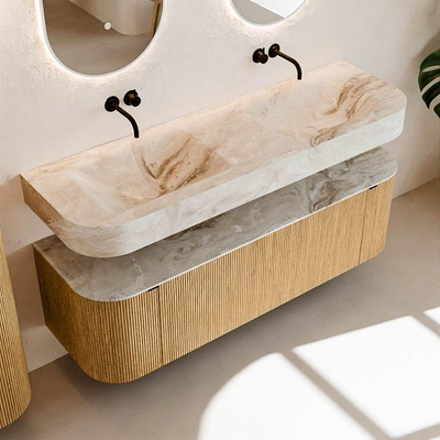 MONDIAZ THOR-DLUX 150cm meuble de salle de bains arrondi gauche + droite couleur Oak avec 1 tiroir et 2 portes. Vasque suspendue CLOUD Double sans trou de robinet couleur Frappe.