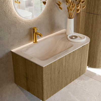 MONDIAZ KURVE-DLUX Meuble de salle de bains 85cm arrondi à droite couleur Dusk avec 1 tiroir et 1 porte. Lavabo CLOUD à gauche 1 trou de robinet Meli.
