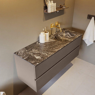 Mondiaz VICA-DLUX Ensemble de meuble de salle de bain - 130cm - meuble sous-vasque fumée - 2 tiroirs - lavabo encastré nuage droite - sans trous de robinet - version haute 60cm - lave