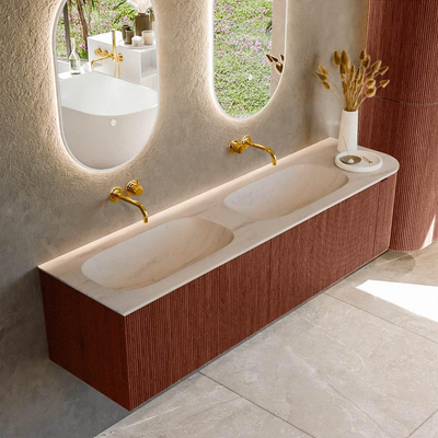 MONDIAZ KURVE-DLUX Meuble de salle de bains 175 cm arrondi à droite couleur Ruby avec 2 tiroirs et 1 porte. Lavabo STOR SMALL Double / Gauche sans trou de robinet Meli.