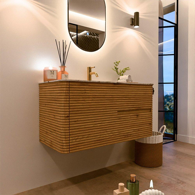 Mondiaz CIRO-DLUX Ensemble de meubles de salle de bains - 100x45x50cm - Plan vasque solid surface Glace - 1 vasque centrale - 1 trou de robinet - 2 tiroirs - Chêne