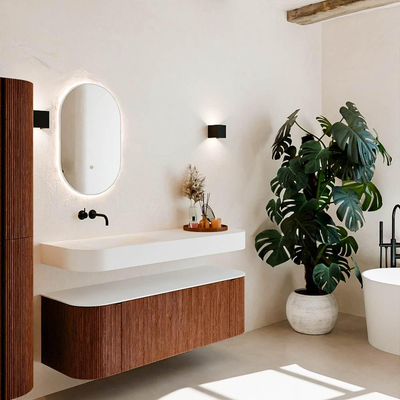 MONDIAZ THOR Meuble de salle de bains 140cm arrondi gauche + droite couleur Ruby avec 1 tiroir et 2 portes. Vasque suspendue CLOUD Gauche sans trou de robinet couleur Talc.