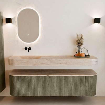 MONDIAZ THOR-DLUX Meuble de salle de bains - 170cm - arrondi gauche + droite - couleur Shadow - 1 tiroir - 2 portes - Vasque suspendue CLOUD Gauche sans trou de robinet - couleur Saba