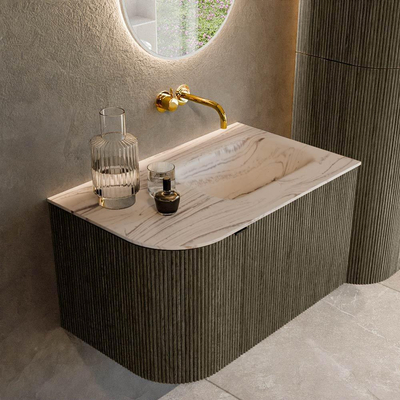 MONDIAZ KURVE-DLUX Meuble de salle de bains 75cm arrondi à gauche couleur Shadow avec 1 tiroir et 1 porte. Lavabo GRUNNE à droite sans trou de robinet Nata.