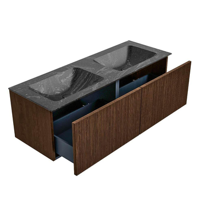 MONDIAZ KURVE-DLUX Meuble de salle de bains 130 cm couleur Walnut avec 2 tiroirs. Lavabo LEAF double 2 trous de robinet couleur Lava.