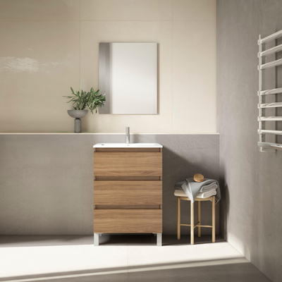 Saniclass Chaci PLUS Meuble bas de salle de bains - 60x86x46cm - 3 tiroirs - Poignée intégrée - MFC - chêne chaud