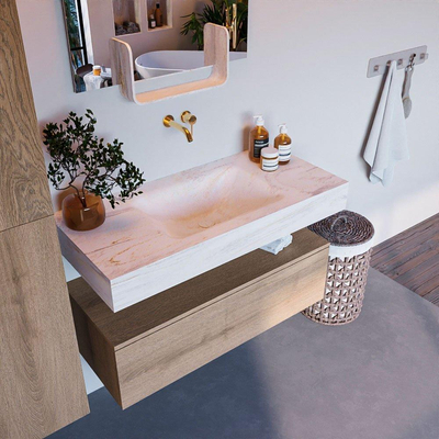 Mondiaz ALAN-DLUX Ensemble de meuble - 100cm - meuble Washed Oak mat - 1 tiroir - Lavabo Cloud Ostra suspendu - vasque Centre - 0 trous de robinet