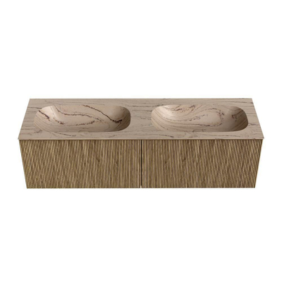 MONDIAZ KURVE-DLUX Meuble de salle de bains 150 cm couleur Dusk avec 2 tiroirs et 0 porte. Lavabo STOR SMALL Double sans trou de robinet Arena.