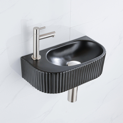 QeramiQ Fuente Ensemble de lavabo - 40x21.5x12cm - gauche - nervuré - demi-rond - 1 trou de robinet - céramique - robinet de lavabo acier inoxydable brossé - bouchon de vidange - siphon abaissé - noir mat